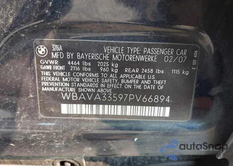 2007 BMW 328 I z USA, uszkodzony, nr VIN WBAVA33597PV66894